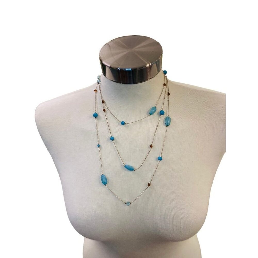 Long Strand Necklace Delicate Silvertone and Blue Acrylic Beads 60" Lobster Clas